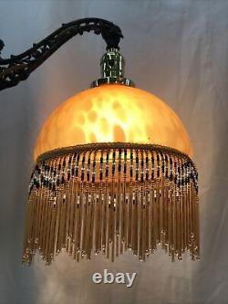 Antique Vtg Art Deco Boho Bridge Floor Lamp Bead Fringe Glass Shade Gold & Black