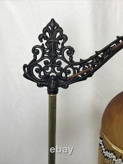 Antique Vtg Art Deco Boho Bridge Floor Lamp Bead Fringe Glass Shade Gold & Black