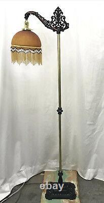 Antique Vtg Art Deco Boho Bridge Floor Lamp Bead Fringe Glass Shade Gold & Black