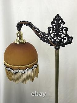 Antique Vtg Art Deco Boho Bridge Floor Lamp Bead Fringe Glass Shade Gold & Black