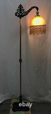 Antique Vtg Art Deco Boho Bridge Floor Lamp Bead Fringe Glass Shade Gold & Black