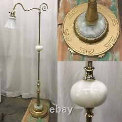 Antique Vtg Art Deco Egyptian Floor Bridge Lamp Agate Stone, Glass Shade, Brass