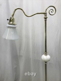 Antique Vtg Art Deco Egyptian Floor Bridge Lamp Agate Stone, Glass Shade, Brass