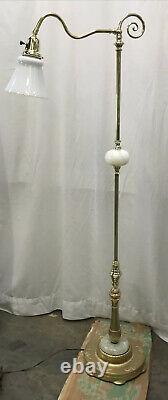 Antique Vtg Art Deco Egyptian Floor Bridge Lamp Agate Stone, Glass Shade, Brass