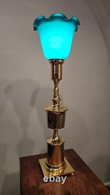 Antique Vtg Brass Table Boudoir Desk Lamp Art Glass Shade Deco Crafts Ruffled