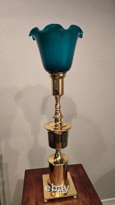 Antique Vtg Brass Table Boudoir Desk Lamp Art Glass Shade Deco Crafts Ruffled