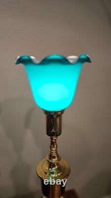 Antique Vtg Brass Table Boudoir Desk Lamp Art Glass Shade Deco Crafts Ruffled