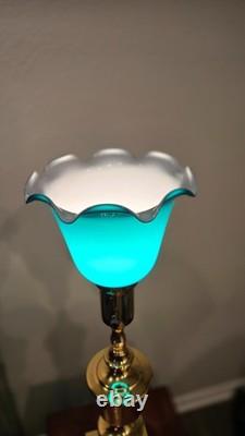 Antique Vtg Brass Table Boudoir Desk Lamp Art Glass Shade Deco Crafts Ruffled