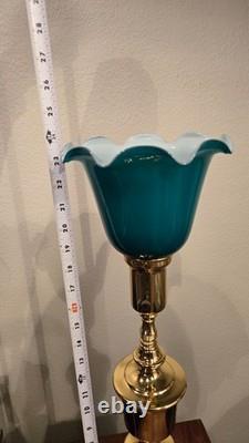 Antique Vtg Brass Table Boudoir Desk Lamp Art Glass Shade Deco Crafts Ruffled