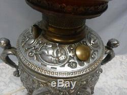 Antique Vtg Cherub Font Electric Oil Lamp with Handles Round Globe Shade