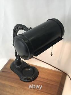 Antique Vtg Desk Lamp Industrial Era Banker Black Cast Iron Steampunk Art Deco