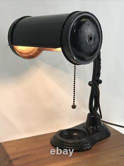 Antique Vtg Desk Lamp Industrial Era Banker Black Cast Iron Steampunk Art Deco