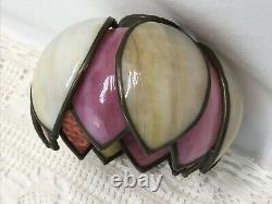 Antique Vtg Double Tulip Stained Glass Lamp Shade Bent Slag Pink Caramel 6, 2