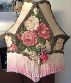 Antique Vtg FLOOR lamp SHADE Victorian BURGUNDY PINK ROSE flowers FRINGE