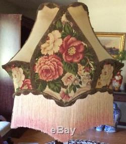 Antique Vtg FLOOR lamp SHADE Victorian BURGUNDY PINK ROSE flowers FRINGE