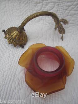 Antique Vtg FRENCH Bronze WALL SCONCE Ribbon Bow AMBER/CRANBERRY ROSE LAMP SHADE