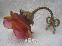 Antique Vtg FRENCH Bronze WALL SCONCE Ribbon Bow AMBER/CRANBERRY ROSE LAMP SHADE