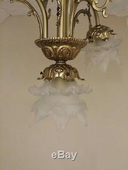 Antique Vtg French Art Nouveau Chandelier Bronze Brass 4-light Lamp Petal Shades
