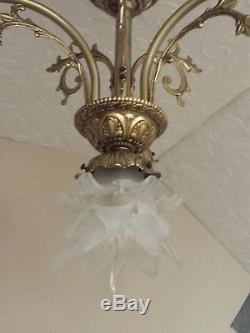 Antique Vtg French Art Nouveau Chandelier Bronze Brass 4-light Lamp Petal Shades