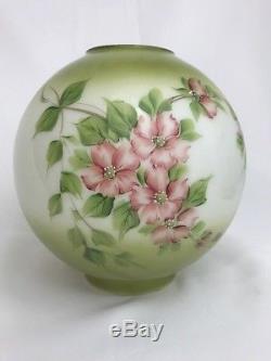 Antique Vtg Glass Ball Lamp Shade Hand Painted Floral Pink Green GWTW Victorian