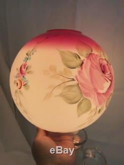 Antique Vtg Glass Ball Lamp Shade Hand Painted Floral Roses Pink GWTW, Victorian