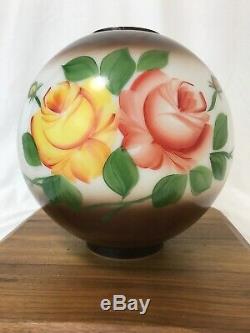 Antique Vtg Glass Globe Ball Lamp Shade Painted Roses Floral GWTW Banquet Parlor