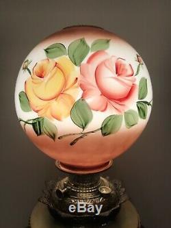 Antique Vtg Glass Globe Ball Lamp Shade Painted Roses Floral GWTW Banquet Parlor
