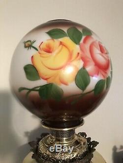 Antique Vtg Glass Globe Ball Lamp Shade Painted Roses Floral GWTW Banquet Parlor