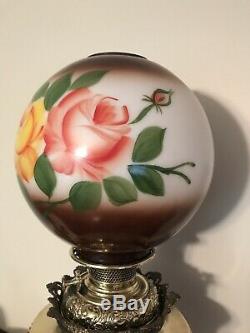 Antique Vtg Glass Globe Ball Lamp Shade Painted Roses Floral GWTW Banquet Parlor