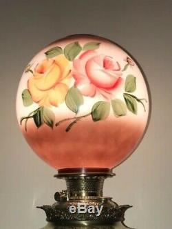 Antique Vtg Glass Globe Ball Lamp Shade Painted Roses Floral GWTW Banquet Parlor