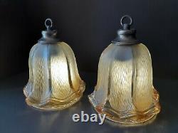 Antique/Vtg Hanging Iridescent Copper Glass Bell Flower Light/Lamp Shades, Pair