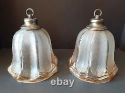 Antique/Vtg Hanging Iridescent Copper Glass Bell Flower Light/Lamp Shades, Pair