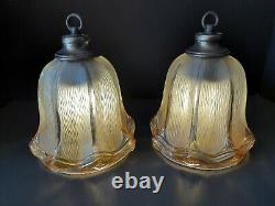 Antique/Vtg Hanging Iridescent Copper Glass Bell Flower Light/Lamp Shades, Pair