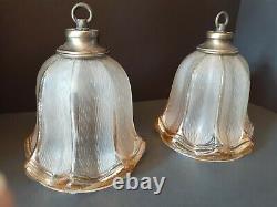 Antique/Vtg Hanging Iridescent Copper Glass Bell Flower Light/Lamp Shades, Pair