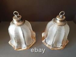 Antique/Vtg Hanging Iridescent Copper Glass Bell Flower Light/Lamp Shades, Pair