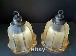 Antique/Vtg Hanging Iridescent Copper Glass Bell Flower Light/Lamp Shades, Pair