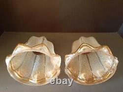 Antique/Vtg Hanging Iridescent Copper Glass Bell Flower Light/Lamp Shades, Pair