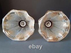 Antique/Vtg Hanging Iridescent Copper Glass Bell Flower Light/Lamp Shades, Pair