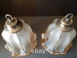 Antique/Vtg Hanging Iridescent Copper Glass Bell Flower Light/Lamp Shades, Pair