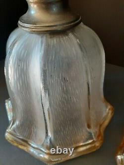 Antique/Vtg Hanging Iridescent Copper Glass Bell Flower Light/Lamp Shades, Pair