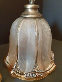 Antique/Vtg Hanging Iridescent Copper Glass Bell Flower Light/Lamp Shades, Pair