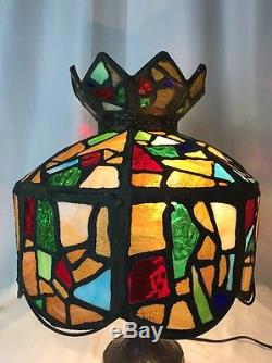 Antique Vtg Medieval Stained Glass Lamp Shade Swag Floor Table Large Billiards