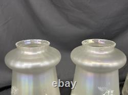 Antique Vtg Set 4 Iridescent Art Glass Lamp Shades Floral Victorian Deco Nouveau