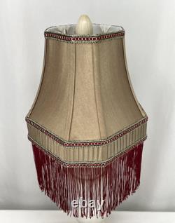 Antique Vtg Style Victorian Art Deco Lamp Shade Gold Beige Red Fringe, 9 Square