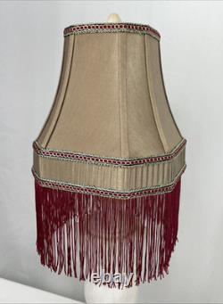 Antique Vtg Style Victorian Art Deco Lamp Shade Gold Beige Red Fringe, 9 Square