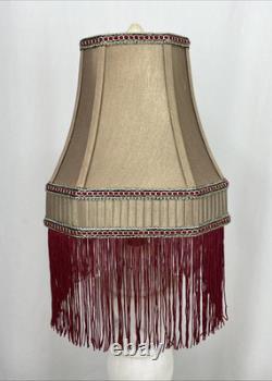 Antique Vtg Style Victorian Art Deco Lamp Shade Gold Beige Red Fringe, 9 Square