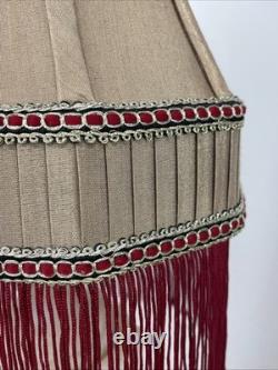 Antique Vtg Style Victorian Art Deco Lamp Shade Gold Beige Red Fringe, 9 Square