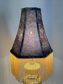 Antique Vtg Style Victorian Art Deco Lamp Shade Navy Blue & Gold Long Fringe 11