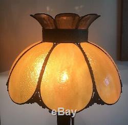 Antique Vtg Tiffany Style Stained Glass Lamp Shade Leaded Slag Arts Crafts Amber