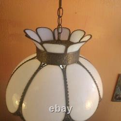 Antique Vtg Tulip Curved Slag Glass Hanging Lamp Shade Ornate Trim 8 panels